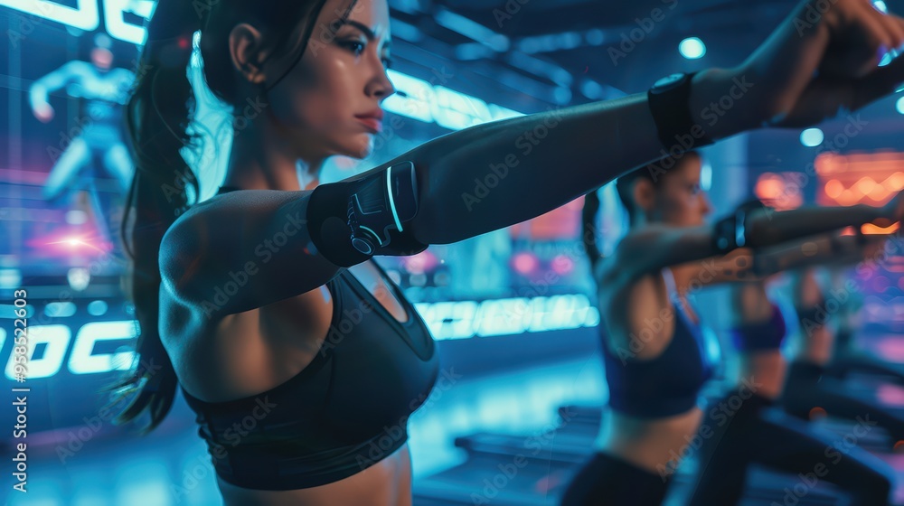 A focused woman exercises in a modern gym, showcasing strength and determination amidst vibrant, high-tech surroundings.