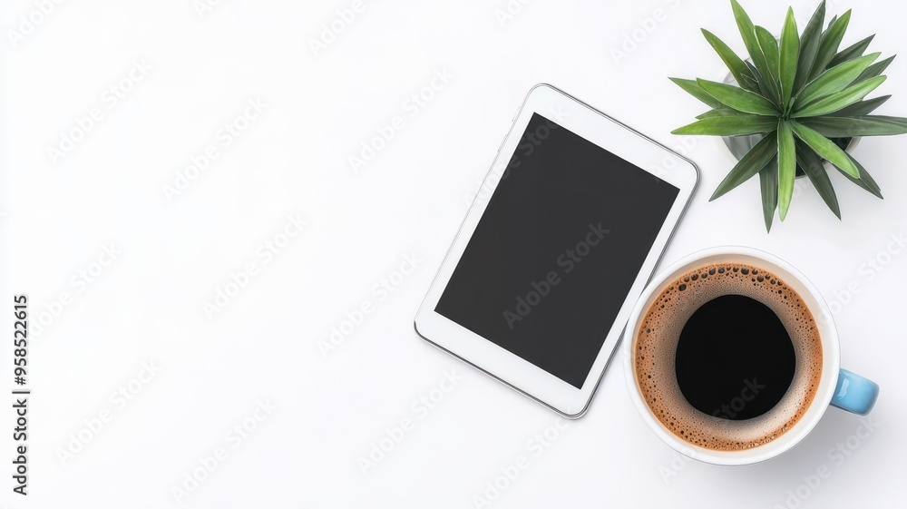 Business plan on a tablet screen with a coffee cup nearby, digital business planning Business plan on a tablet screen with a coffee cup nearby, digital business planning
