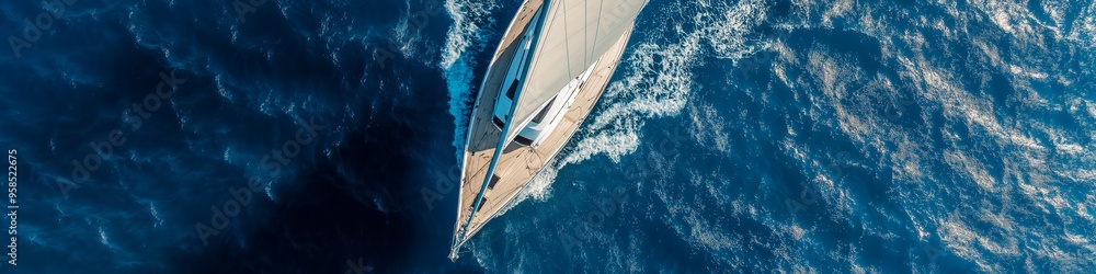 Obraz premium A boat is sailing in the ocean with a blue sky in the background. The boat is the main focus of the image, and it is moving smoothly through the water