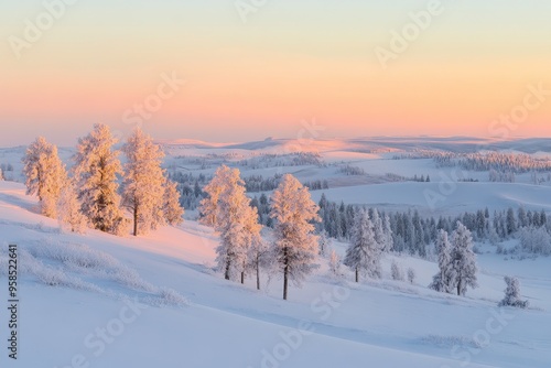 Wallpaper Mural A serene winter landscape with snow-covered trees and soft pastel skies at sunset. Torontodigital.ca