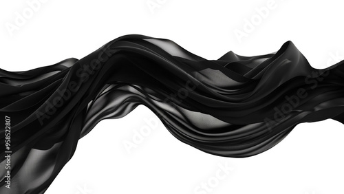 Flowing Black Fabric Wave Isolated on a White Background.