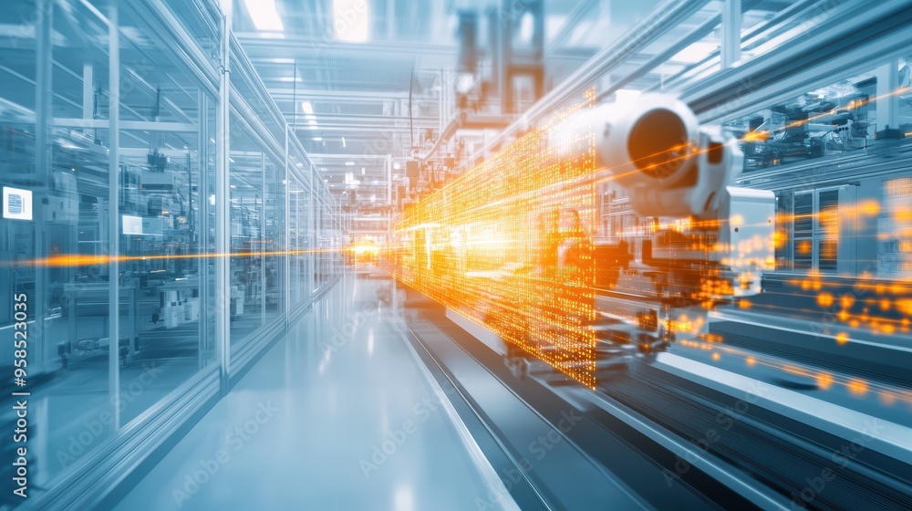 Futuristic factory scene featuring advanced technology and automated machinery in motion, symbolizing progress and innovation. Futuristic factory scene featuring advanced technology and automated machinery in motion, symbolizing progress and innovation.