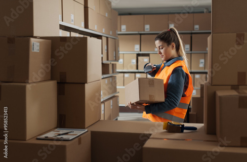 Принти на полотні Warehouse stocker scanning a barcode on a box