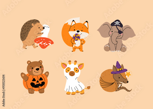 Cute halloween animals. Funny baby animal with autumn mushroom, wizard hat, pirate costume and ghost sheet. Happy kids characters. Flat cartoon vector illustration