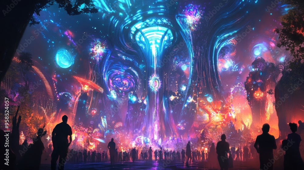 A nighttime festival scene with vibrant colors and swirling lights, creating a mystic atmosphere full of energy and excitement A nighttime festival scene with vibrant colors and swirling lights, creating a mystic atmosphere full of energy and excitement