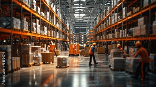 A spacious warehouse that is filled with numerous boxes and workers photo