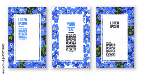 Set of posters on theme of forget-me-nots floral design with an elegant and delicate visual design. Designing greeting cards or invitations. Creation of advertising banners or poster templates