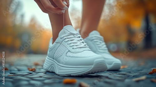 Woman tying white sneakers on a stone path with autumn leaves