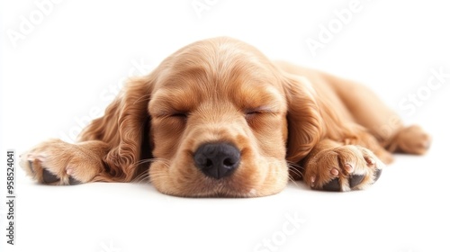 Happy English Cocker Spaniel Puppy Dog sleeping front view isolated on white background