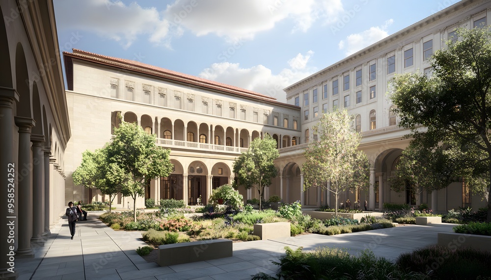 Fototapeta premium Courtyard Garden Surrounded by Classical Buildings