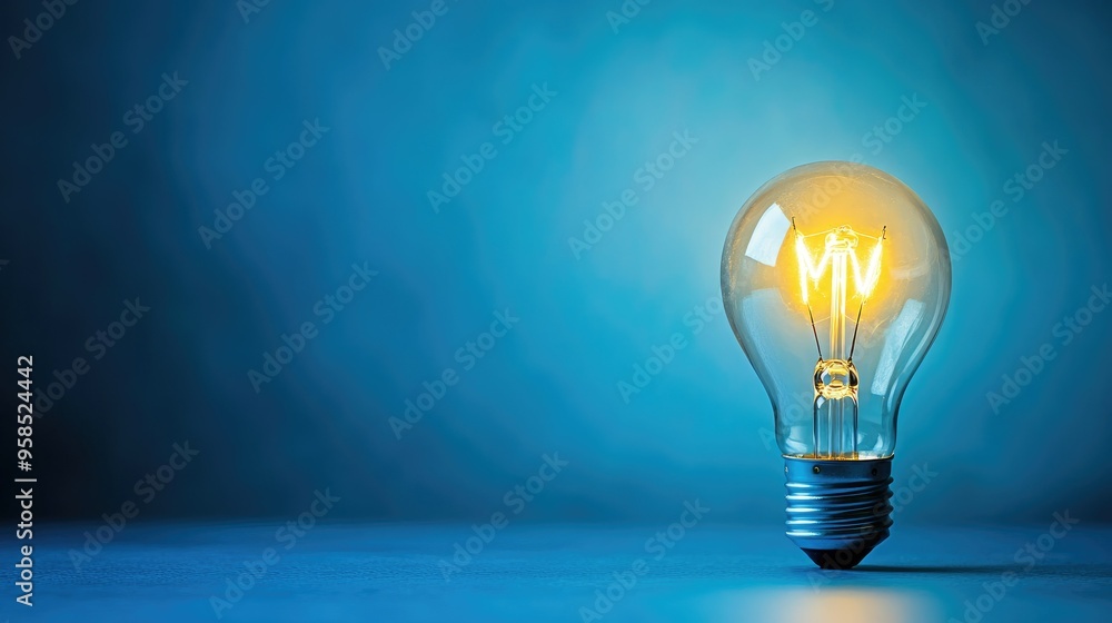 A solitary lightbulb illuminating a blue background with copy space A solitary lightbulb illuminating a blue background with copy space