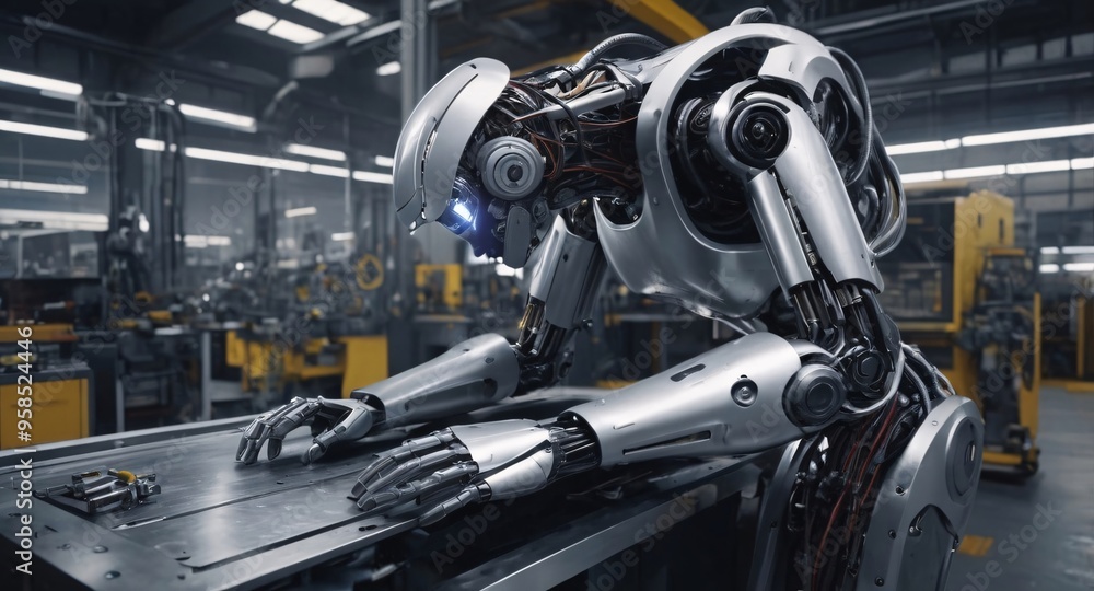 Fototapeta premium A futuristic metropolis where humans and robots live side by side, Industrial robot works automatically in smart autonomous factory, Engineer check and control welding robotics automatic arms machine 