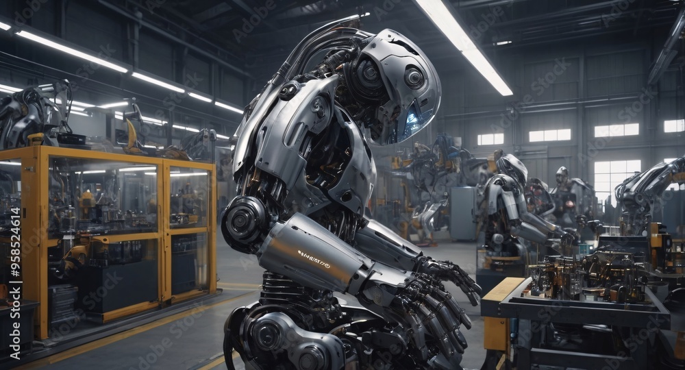 Fototapeta premium A futuristic metropolis where humans and robots live side by side, Industrial robot works automatically in smart autonomous factory, Engineer check and control welding robotics automatic arms machine 