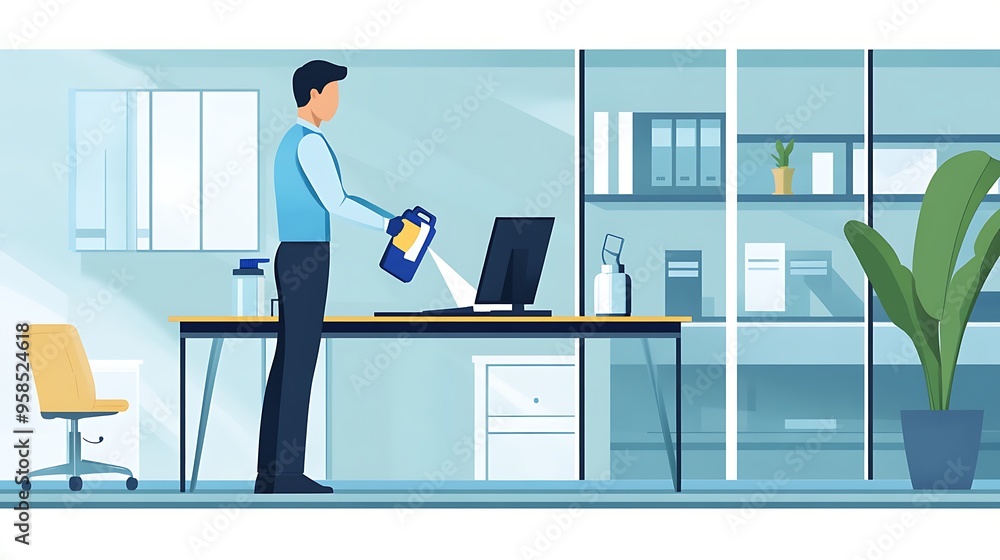 Obraz premium Office Worker Disinfecting a Workplace
