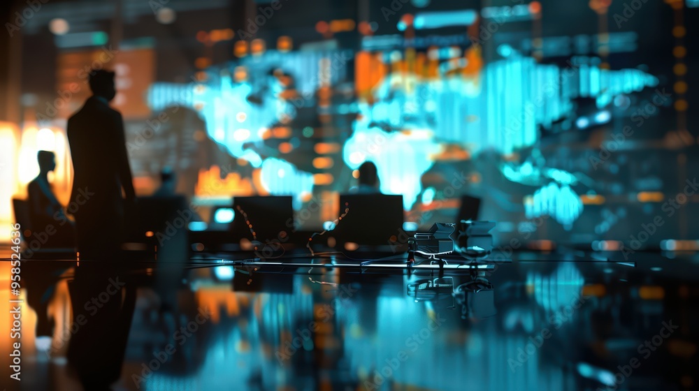 A modern office scene showcasing silhouettes of professionals against a digital world map, highlighting global connectivity. A modern office scene showcasing silhouettes of professionals against a digital world map, highlighting global connectivity.