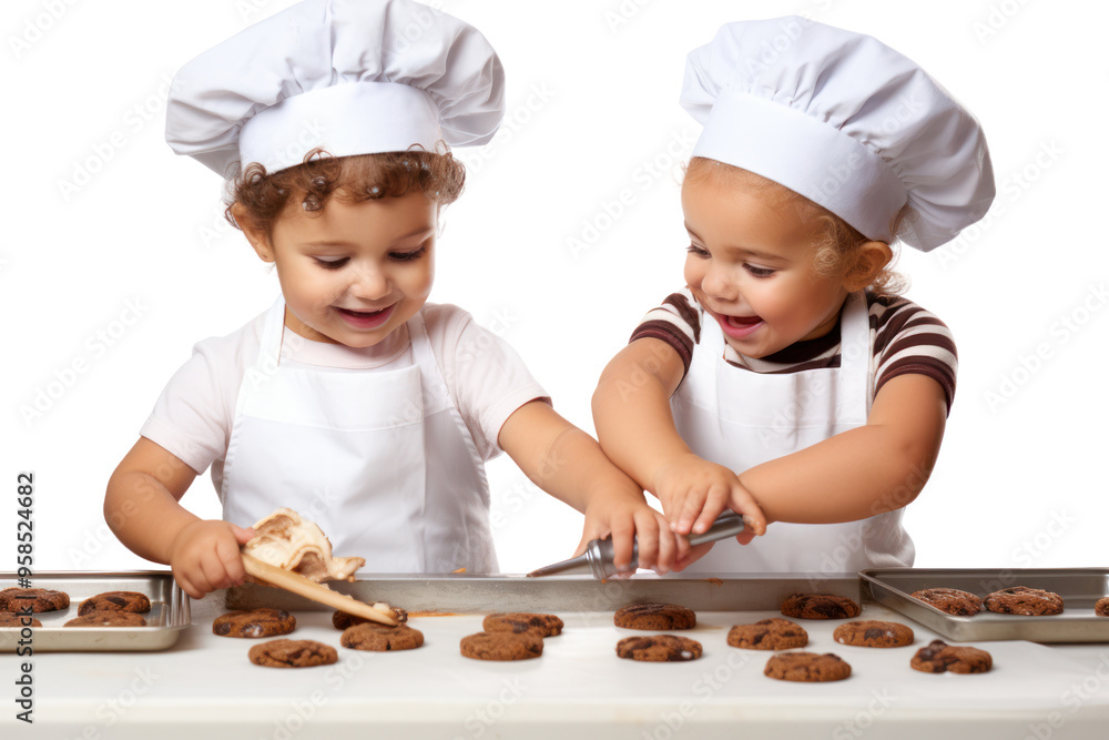 Two kids wearing aprons and chef hats, carefully placing cookie isolated on white background Two kids wearing aprons and chef hats, carefully placing cookie isolated on white background