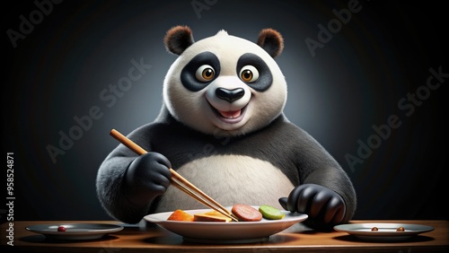 Kung Fu Panda enjoying sushi with chopsticks on a sleek black background, kung fu panda, sushi, chopsticks