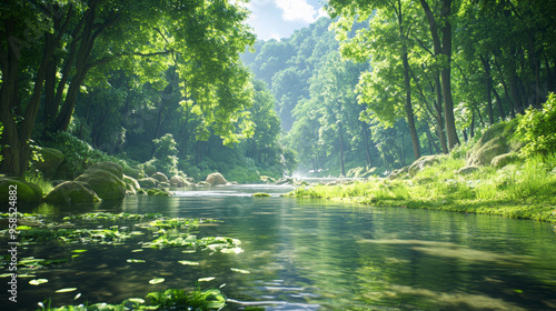 A sunlit forest river flows gently, surrounded by lush green trees and vegetation, creating a serene and tranquil natural scene.