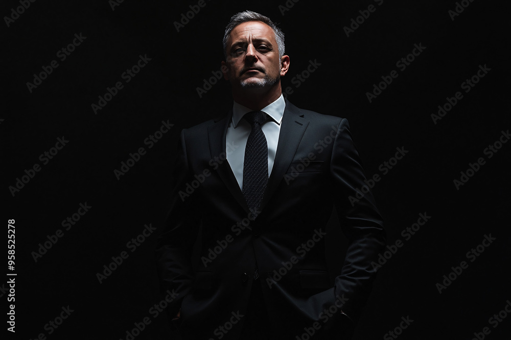 Fototapeta premium A powerful portrait of a confident businessman in a suit standing with hands in pockets against a dark dramatic background