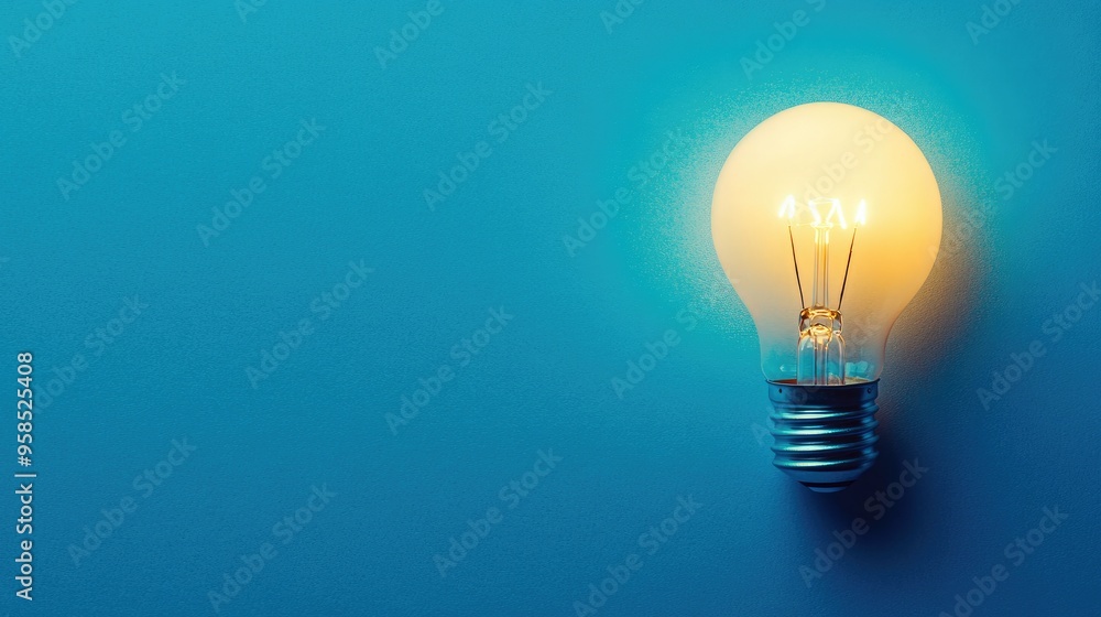 A solitary lightbulb illuminating a blue background with copy space A solitary lightbulb illuminating a blue background with copy space