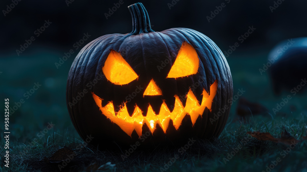 Fototapeta premium Pumpkin carving featuring a spooky face with glowing eyes.