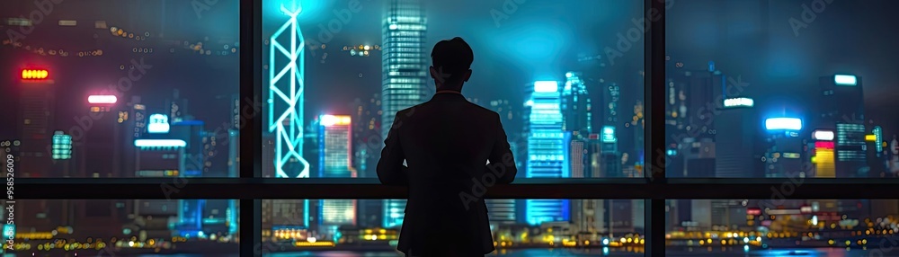 A silhouette of a person gazing at a vibrant cityscape illuminated by colorful lights at night, reflecting a modern urban lifestyle. A silhouette of a person gazing at a vibrant cityscape illuminated by colorful lights at night, reflecting a modern urban lifestyle.
