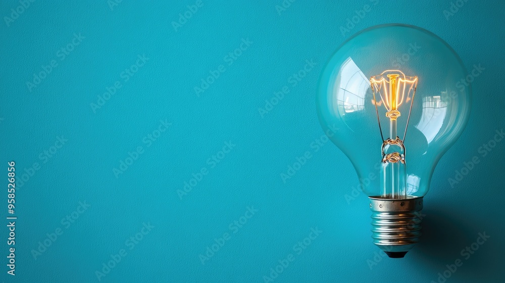 A solitary lightbulb illuminating a blue background with copy space A solitary lightbulb illuminating a blue background with copy space