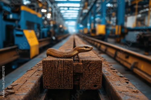 A snake slithers along a wooden plank in an expansive industrial warehouse, blending nature with the man-made environment in a mesmerizing visual composition. photo