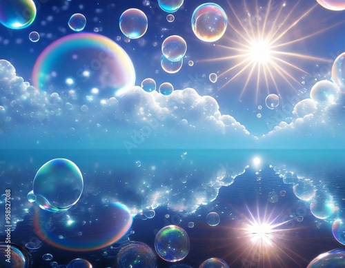 Bubbles in the Sky, Clean 3d Abstract Artwork with Copy Space.