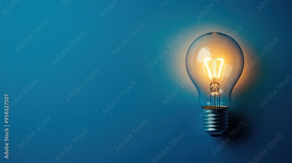 A solitary lightbulb illuminating a blue background with copy space A solitary lightbulb illuminating a blue background with copy space