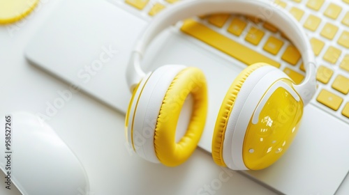 Yellow Headphones on a White Laptop Keyboard