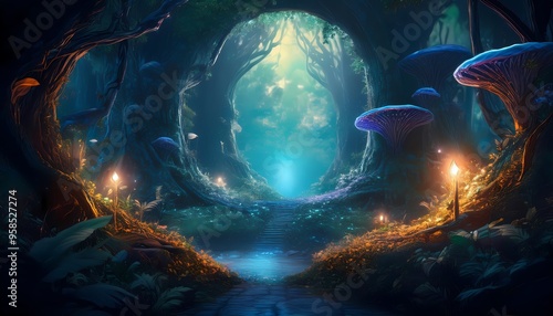 A mystical forest with glowing, enchanted creatures and a hidden portal that promises thrilling adventures. photo