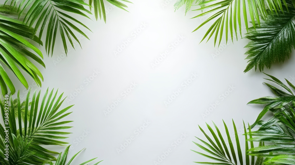 Lush green palm leaves frame an empty, white background, creating a vibrant and tropical border perfect for text, invitations, or announcements. Lush green palm leaves frame an empty, white background, creating a vibrant and tropical border perfect for text, invitations, or announcements.