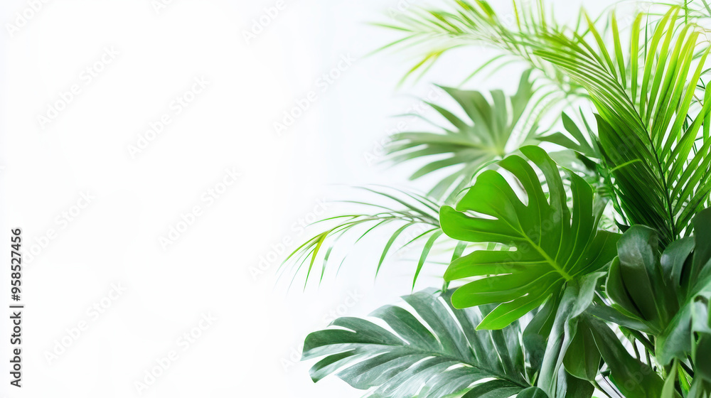 Obraz premium A cluster of lush green tropical plants with various leaf shapes stands against a bright white background.