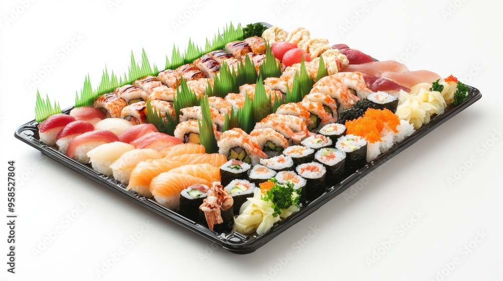 A traditional sushi platter with nigiri, sashimi, and maki rolls, beautifully presented on a white background, A traditional sushi platter with nigiri, sashimi, and maki rolls, beautifully presented on a white background,