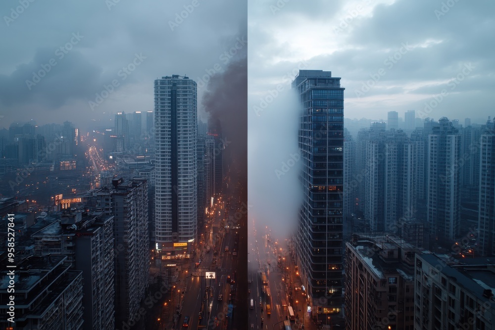 Obraz premium The urban skyline shows a stunning contrast with one side engulfed in dense fog while the other reveals tall buildings, presenting an enigmatic and captivating cityscape at dawn.