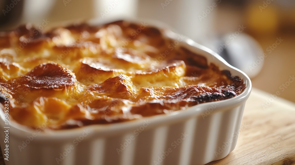 A Close-Up of a Golden-Brown Baked Pudding in a White Dish A Close-Up of a Golden-Brown Baked Pudding in a White Dish