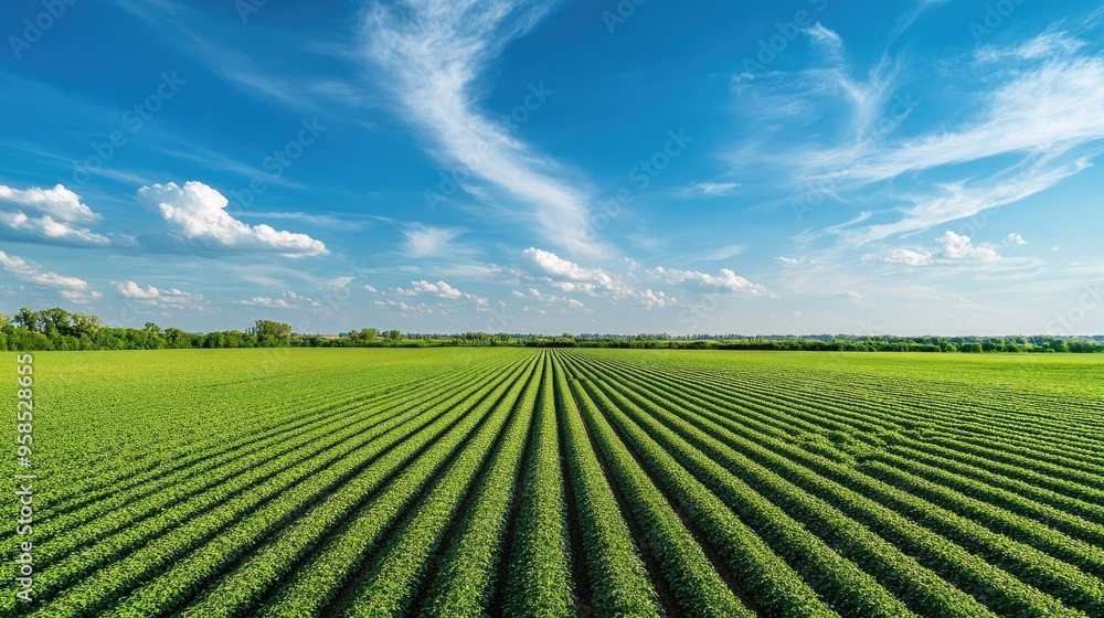 A vast expanse of green farmland, dotted with rows of crops, set against a backdrop of clear blue skies A vast expanse of green farmland, dotted with rows of crops, set against a backdrop of clear blue skies