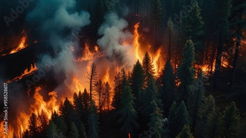 Aerial view of wildfire in the pine forest