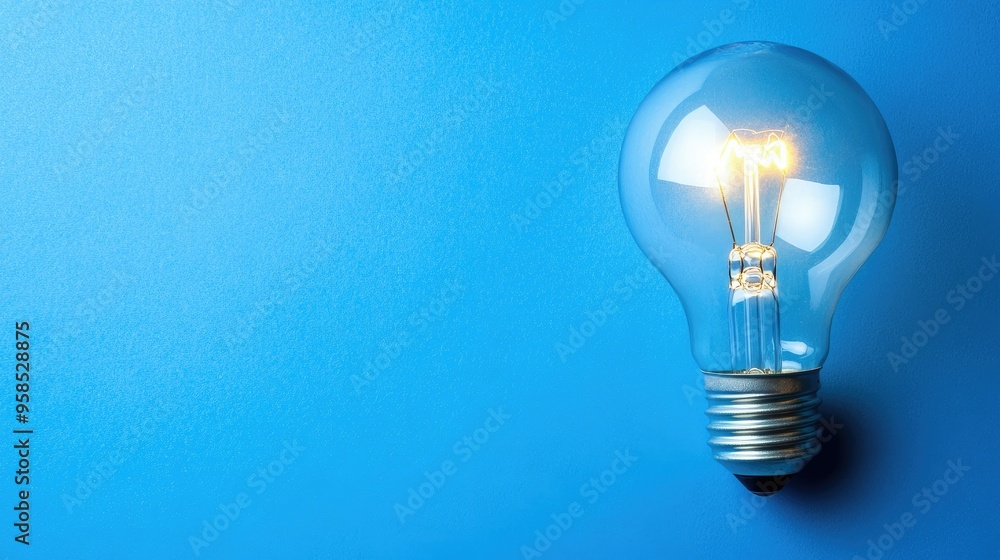 A solitary lightbulb illuminating a blue background with copy space A solitary lightbulb illuminating a blue background with copy space