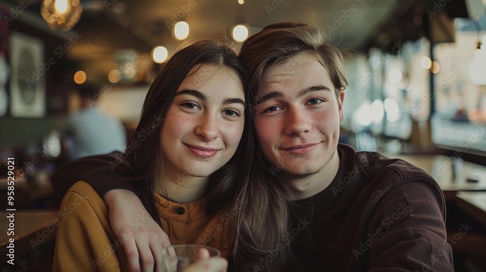 Photograph of a young couple smiling in a coffee shop, looking at the camera. Photograph of a young couple smiling in a coffee shop, looking at the camera.