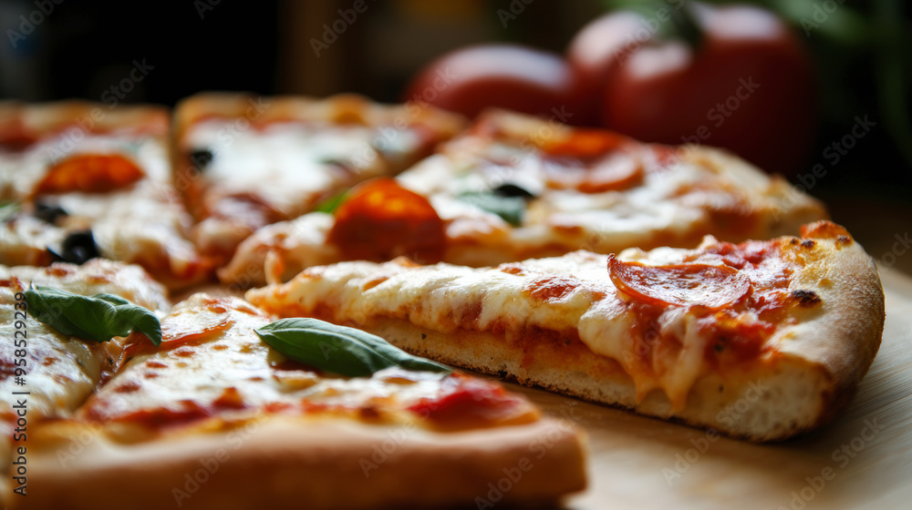 A delicious, freshly-baked pizza with melted cheese, pepperoni slices, and basil leaves, ready to be enjoyed. Tomatoes are visible in the background. A delicious, freshly-baked pizza with melted cheese, pepperoni slices, and basil leaves, ready to be enjoyed. Tomatoes are visible in the background.