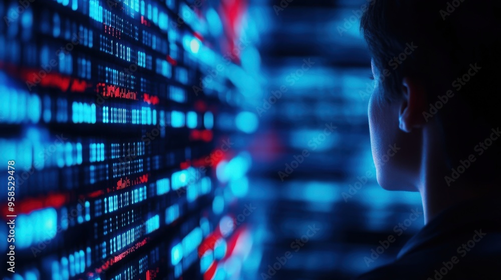 A person gazes at a digital wall of data, showcasing vibrant blue and red patterns, symbolizing technology and innovation. A person gazes at a digital wall of data, showcasing vibrant blue and red patterns, symbolizing technology and innovation.