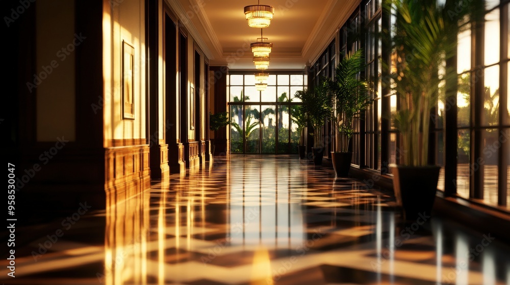 A warm and inviting corridor featuring elegant lighting, polished flooring, and lush greenery, perfect for luxury interior scenes. A warm and inviting corridor featuring elegant lighting, polished flooring, and lush greenery, perfect for luxury interior scenes.