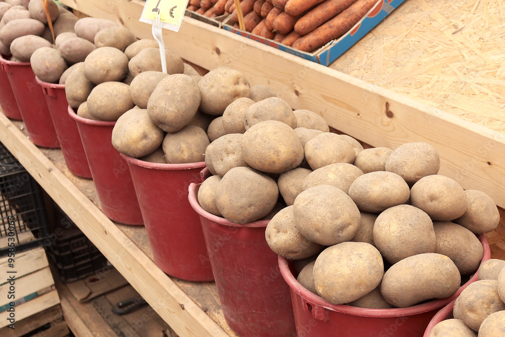 Buckets of ripe potatoes sold at a seasonal open market with other vegetables in Vilnius, Lithuania, at a low price Buckets of ripe potatoes sold at a seasonal open market with other vegetables in Vilnius, Lithuania, at a low price