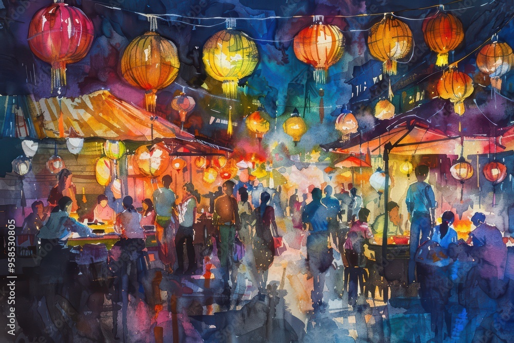 Naklejka premium A vibrant watercolor painting of a night market filled with glowing lanterns and bustling crowds enjoying the atmosphere.