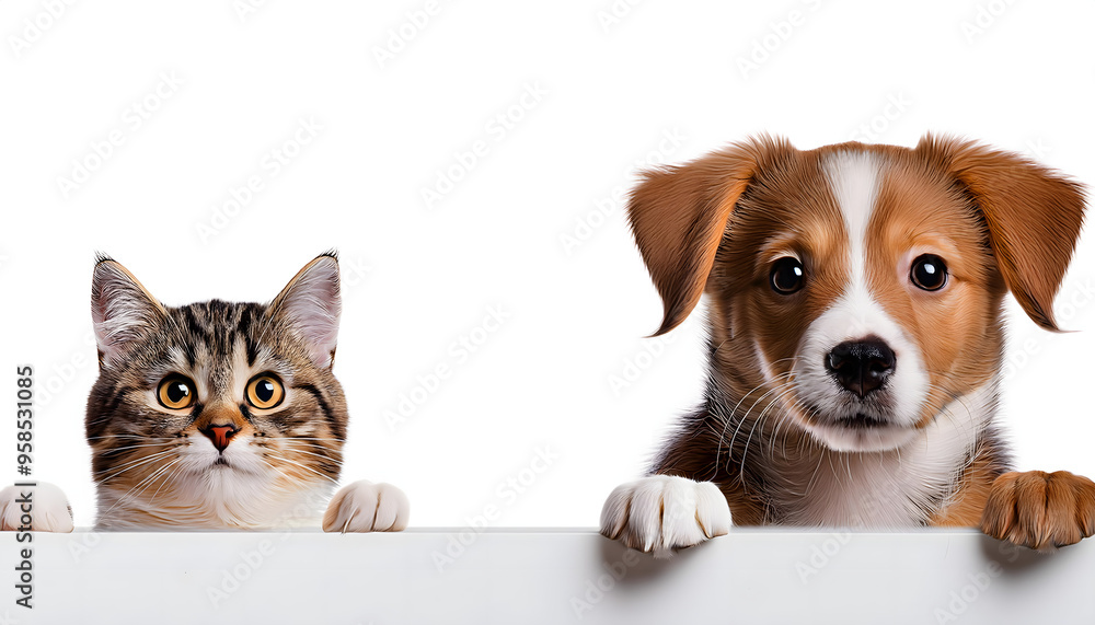 Dog and cat peeking over a blank white board on transparency background PNG Dog and cat peeking over a blank white board on transparency background PNG
