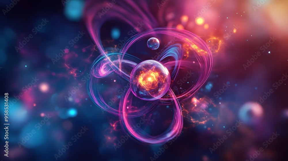 54. Digital illustration of a vibrant mineral atom with swirling, luminous molecular structures 54. Digital illustration of a vibrant mineral atom with swirling, luminous molecular structures
