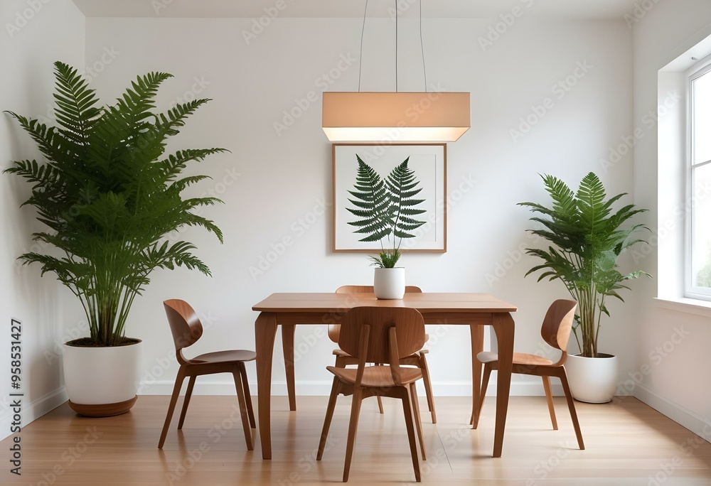 A minimalist dining room with a wooden table and chairs, a pendant light fixture, and a potted plant on the table A minimalist dining room with a wooden table and chairs, a pendant light fixture, and a potted plant on the table