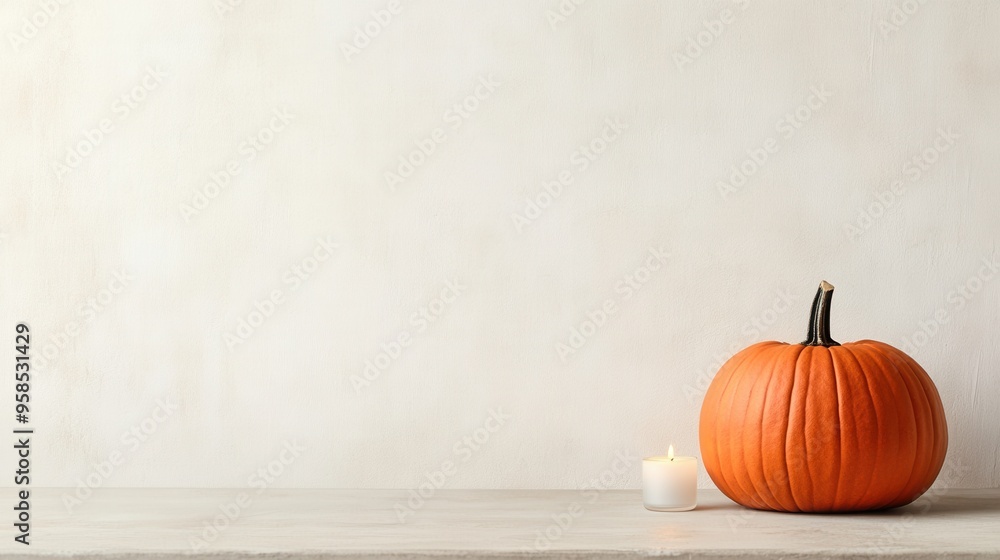 Minimalist autumn scene with pumpkin and lit candle on neutral background Minimalist autumn scene with pumpkin and lit candle on neutral background